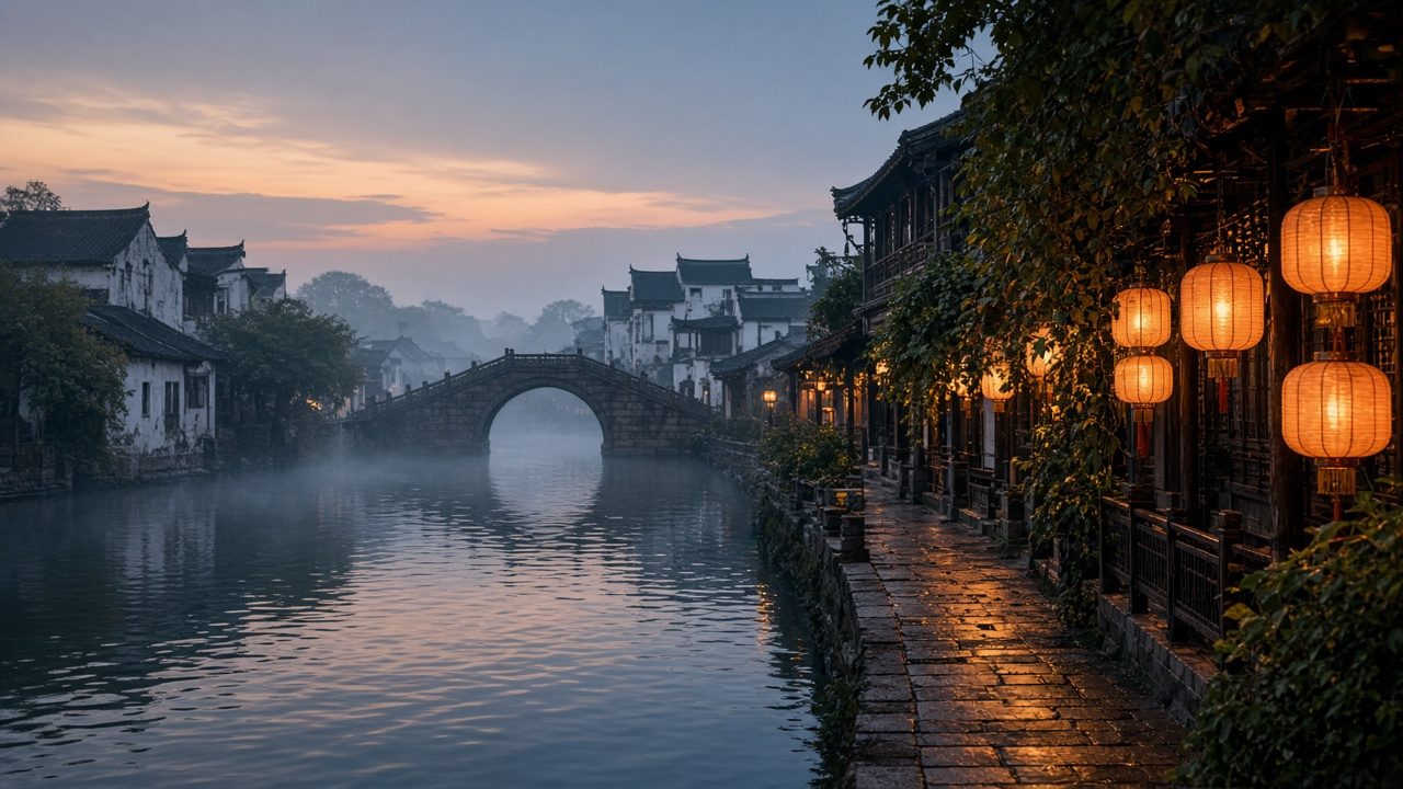 傍晚河上的暖灯和冷水